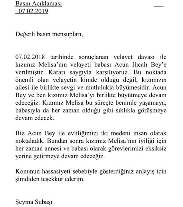 Melisa'nÄ±n velayeti Acun IlÄ±calÄ±'ya verilmiÅti Åeyma SubaÅÄ±'ndan olay aÃ§Ä±klama