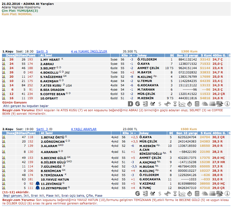 21 Şubat 2016 Pazar Adana at yarışı bülteni ve tahminleri