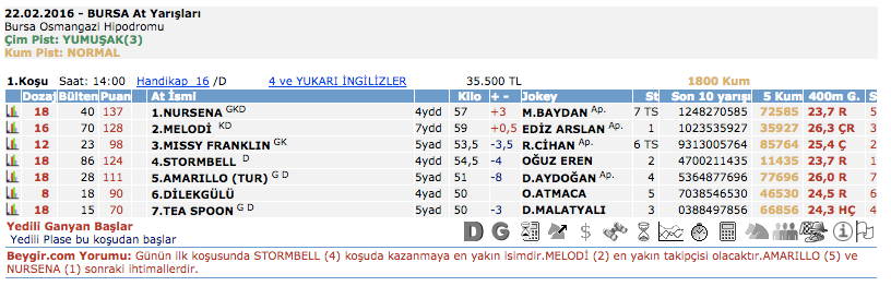 22 Şubat 2016 Pazar Bursa at yarışı bülteni ve tahminleri 