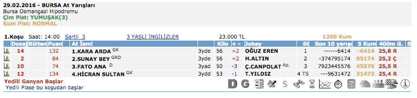 29 Şubat 2016 Bursa TJK at yarışı altılı ganyan bülteni