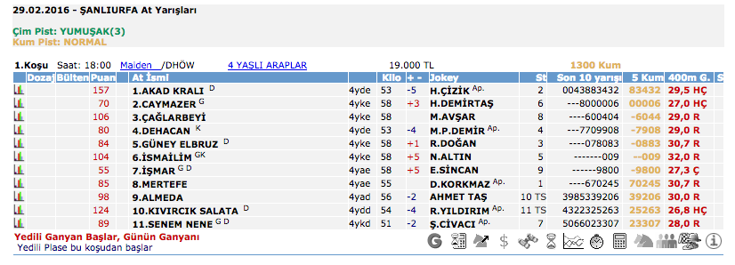 29 Şubat 2016 Pazartesi Şanlıurfa at yarışı bülteni ve tahminleri