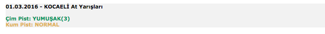 1 Mart 2016 Salı Kocaeli at yarışı bülteni ve tahminleri