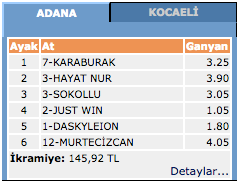 TJK at yarışı Adana altılı ganyan sonuçları 1 Mart 2016 