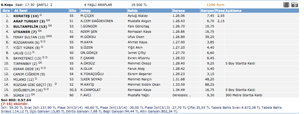 İzmir at yarışı sonuçları 13 Mart 2016 Pazar