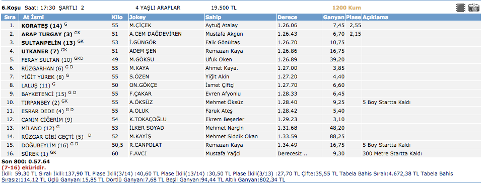 İzmir at yarışı sonuçları 13 Mart 2016 Pazar 