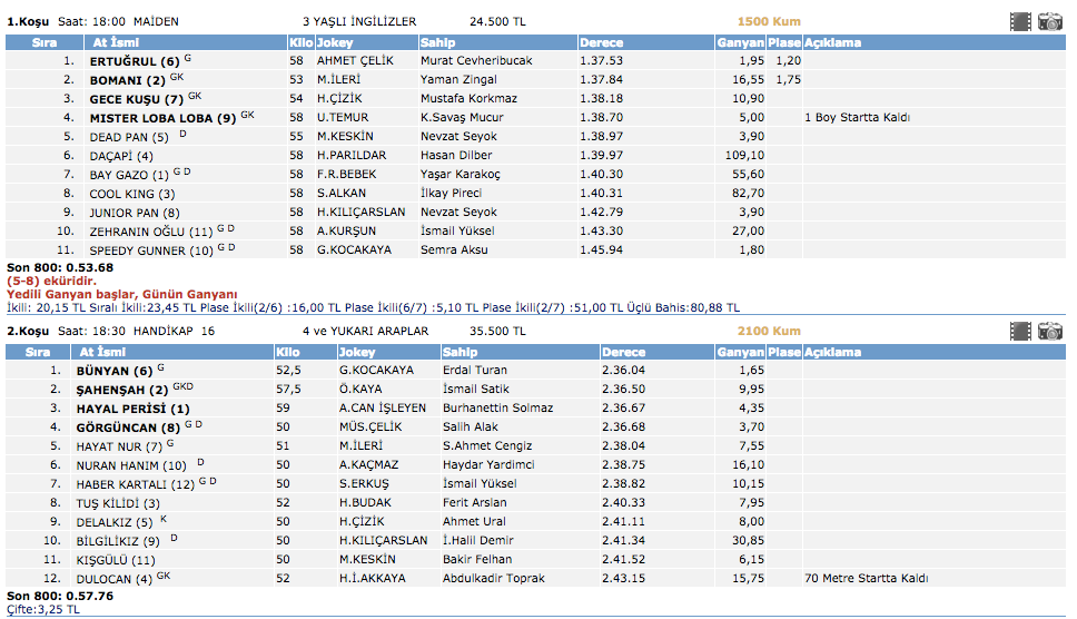 Adana at yarışı sonuçları 13 Mart 2016 Pazar