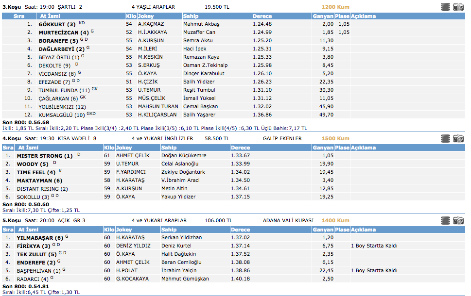 Adana at yarışı sonuçları 13 Mart 2016 Pazar