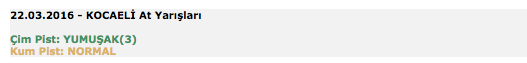 22 Mart 2016 Salı Kocaeli at yarışı bülteni ve tahminleri