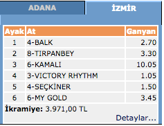 İzmir at yarışı 20 Mart 2016 altılı ganyan sonuçları