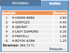 Bursa at yarışı 23 Mart 2016 altılı ganyan sonuçları