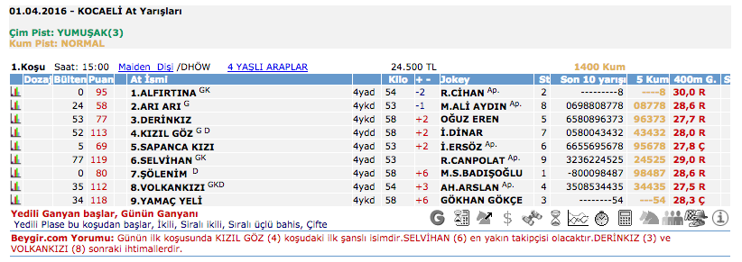 1 Nisan 2016 Cuma Kocaeli at yarışı bülteni ve tahminleri
