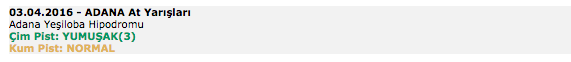 3 Nisan 2016 Pazar Adana at yarışı bülteni ve tahminleri