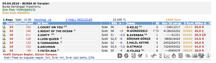 4 Nisan 2016 Pazartesi Bursa at yarışı bülteni ve tahminleri