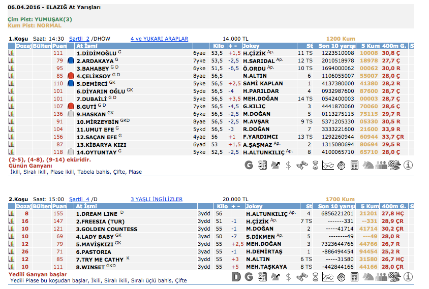 6 Nisan 2016 Çarşamba Elazığ at yarışı bülteni ve tahminleri