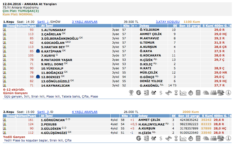 12 Nisan 2016 Salı Ankara at yarışı bülteni ve tahminleri