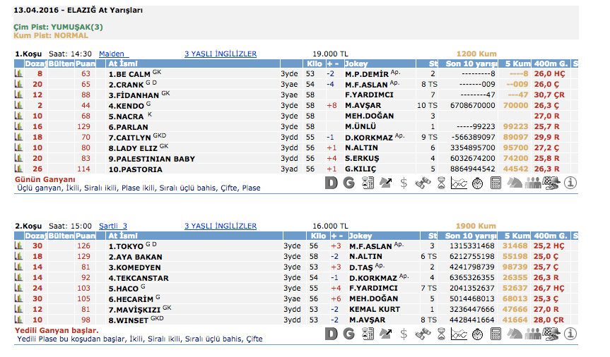 13 Nisan 2016 Çarşamba Elazığ at yarışı bülteni ve tahminleri