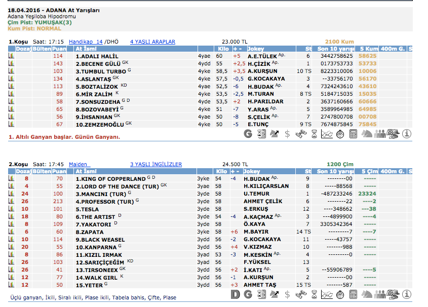 18 Nisan 2016 Pazartesi Adana at yarışı bülteni ve tahminleri