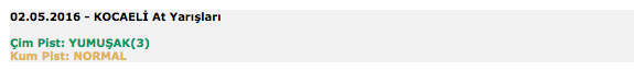 02 Mayıs 2016 Pazartesi Kocaeli at yarışı bülteni ve tahminleri