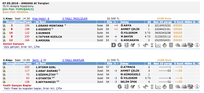 07 Mayıs 2016 Cumartesi Ankara at yarışı bülteni ve tahminleri