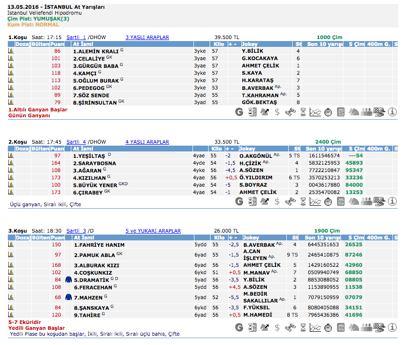13 Mayıs 2016 Perşembe İstanbul at yarışı bülteni ve tahminleri