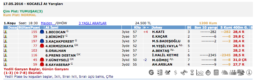17 Mayıs 2016 Salı Kocaeli at yarışı bülteni ve tahminleri