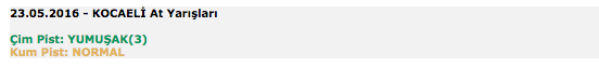 23 Mayıs 2016 Pazartesi Kocaeli at yarışı bülteni ve tahminleri