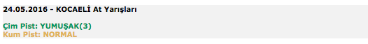 24 Mayıs 2016 Salı Kocaeli at yarışı bülteni ve tahminleri