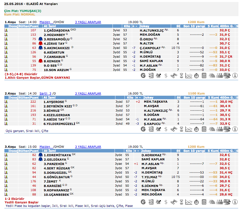 25 Mayıs 2016 Çarşamba Elazığ at yarışı bülteni ve tahminleri