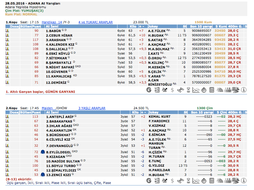  28 Mayıs 2016 Cumartesi Adana at yarışı bülteni ve tahminleri
