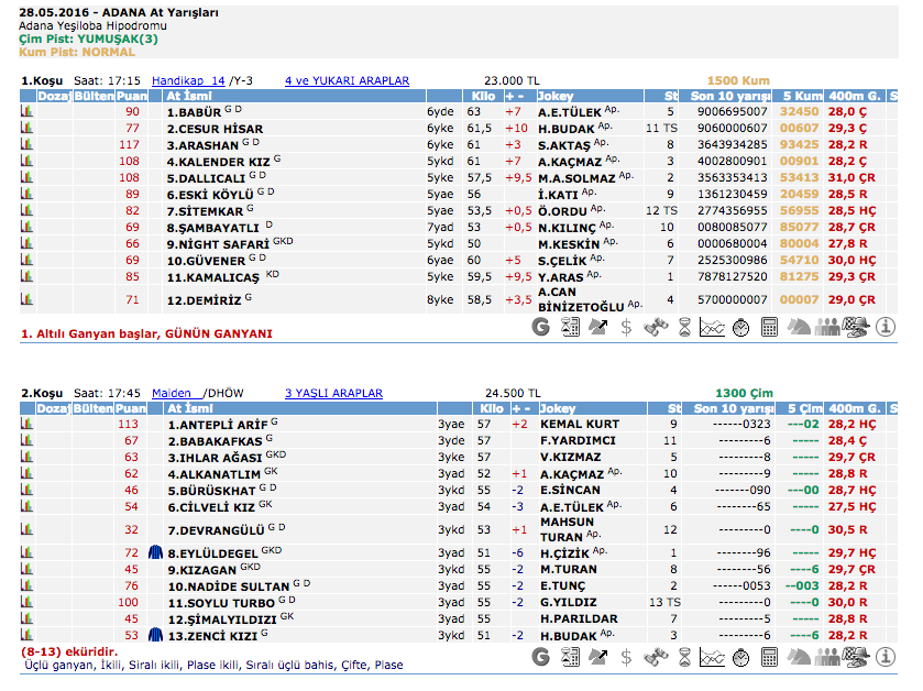 28 Mayıs 2016 Cumartesi Adana at yarışı bülteni ve tahminleri