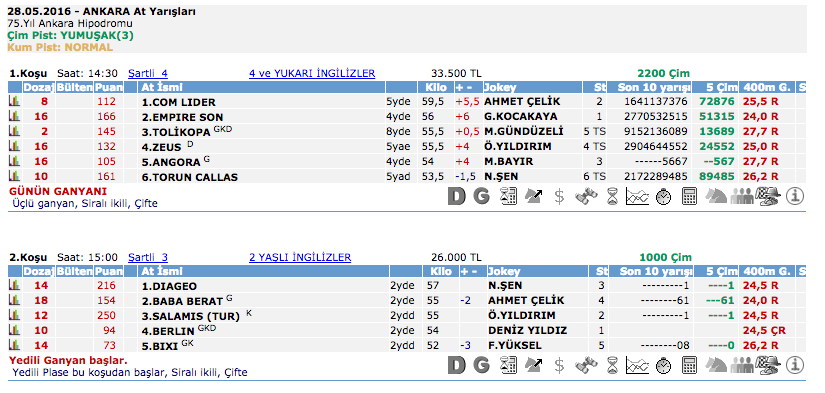 28 Mayıs 2016 Cumartesi Ankara at yarışı bülteni ve tahminleri