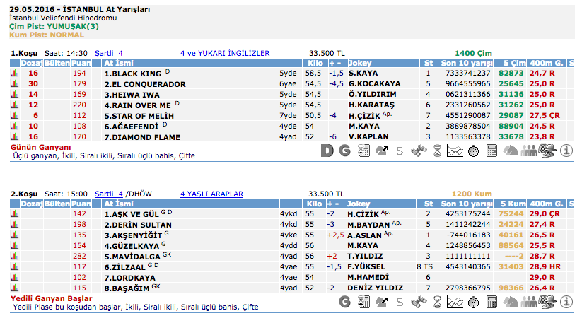 29 Mayıs 2016 Pazar İstanbul at yarışı bülteni ve tahminleri