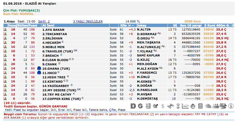 01 Haziran 2016 Çarşamba Elazığ at yarışı bülteni ve tahminleri