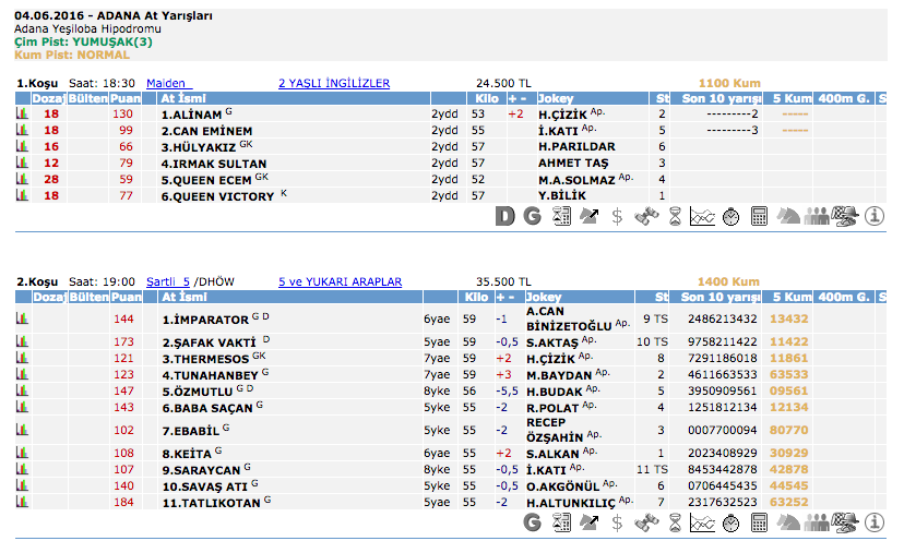 04 Haziran 2016 Cumartesi Adana at yarışı bülteni ve tahminleri