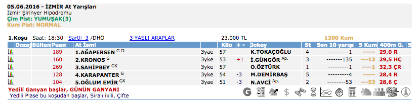 05 Haziran 2016 Pazar İzmir at yarışı bülteni ve tahminleri