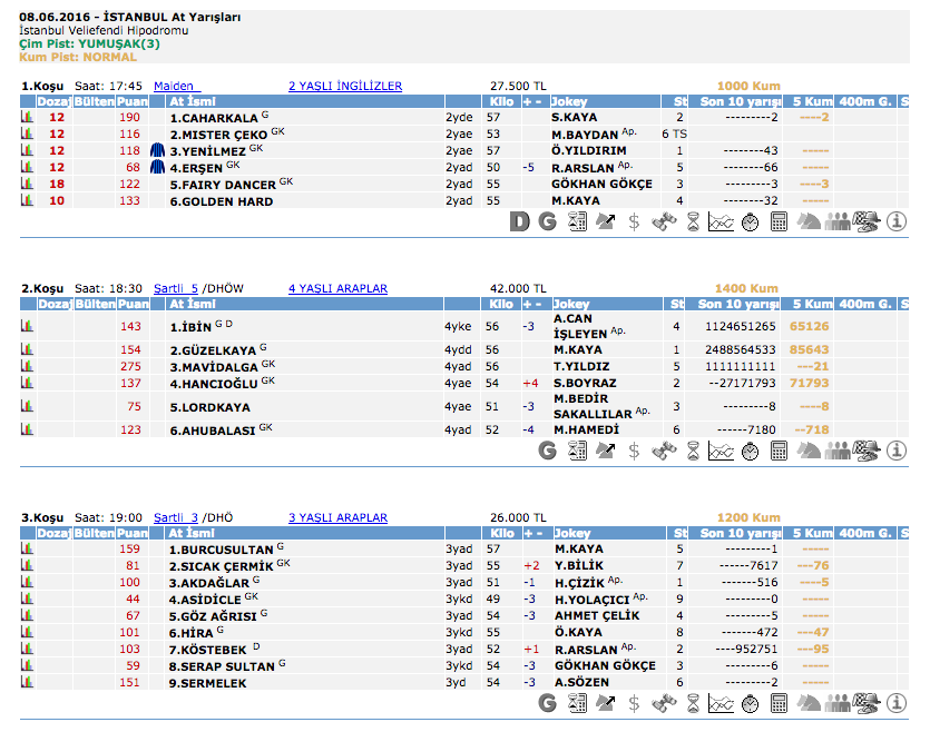 08 Haziran 2016 Çarşamba İstanbul at yarışı bülteni ve tahminleri