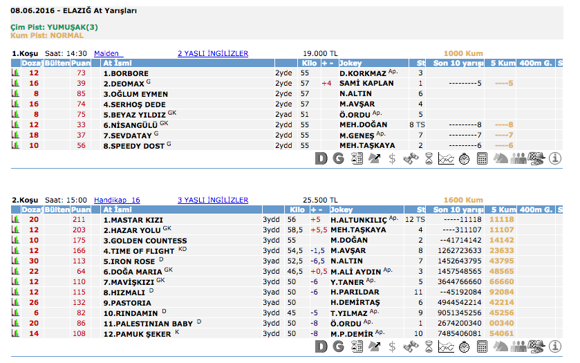 08 Haziran 2016 Çarşamba Elazığ at yarışı bülteni ve tahminleri