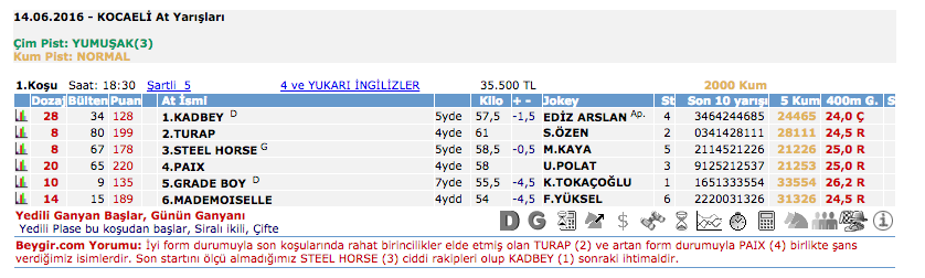 14 Haziran 2016 Salı Kocaeli at yarışı bülteni ve tahminleri