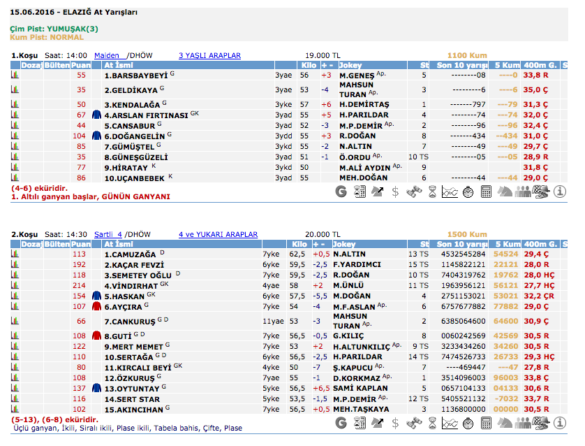15 Haziran 2016 Çarşamba Elazığ at yarışı bülteni ve tahminleri