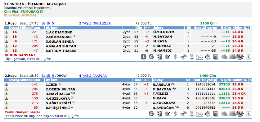 17 Haziran 2016 Cuma İstanbul at yarışı bülteni ve tahminleri