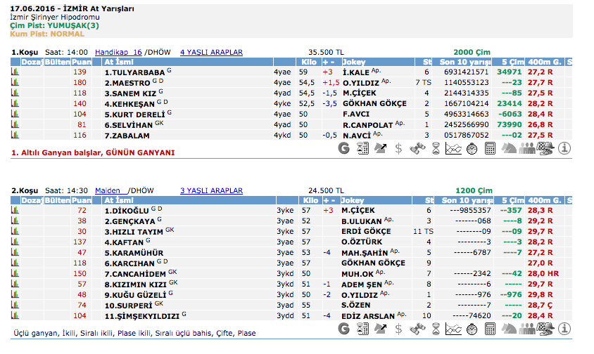 17 Haziran 2016 Cuma İzmir at yarışı bülteni ve tahminleri