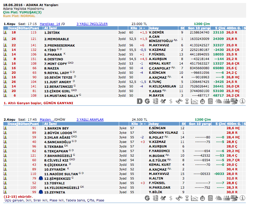 18 Haziran 2016 Cumartesi Adana at yarışı bülteni ve tahminleri