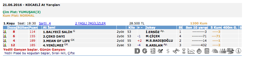 22 Haziran 2016 Salı Kocaeli at yarışı bülteni ve tahminleri