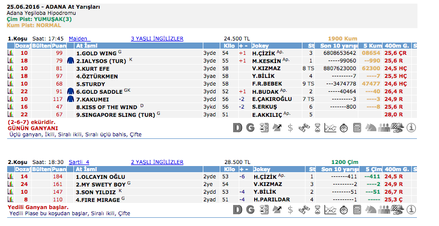 25 Haziran 2016 Cumartesi Adana at yarışı bülteni ve tahminleri