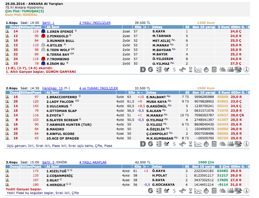 25 Haziran 2016 Cumartesi Ankara at yarışı bülteni ve tahminleri