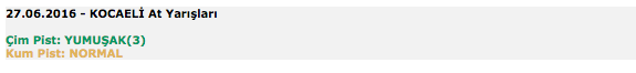 27 Haziran 2016 Pazartesi Kocaeli at yarışı bülteni ve tahminleri