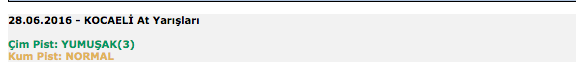 28 Haziran 2016 Salı Kocaeli at yarışı bülteni ve tahminleri