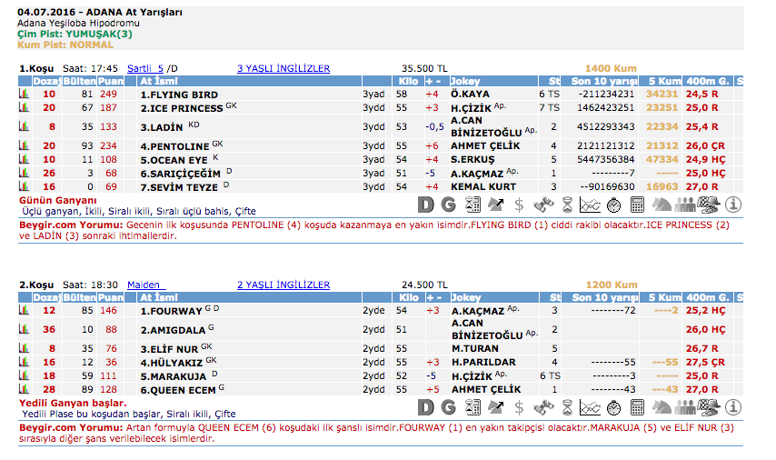 4 Temmuz 2016 Pazartesi Adana at yarışı bülteni ve tahminleri