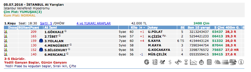 5 Temmuz 2016 Salı İstanbul at yarışı bülteni ve tahminleri