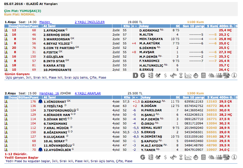 5 Temmuz 2016 Salı Elazığ at yarışı bülteni ve tahminleri